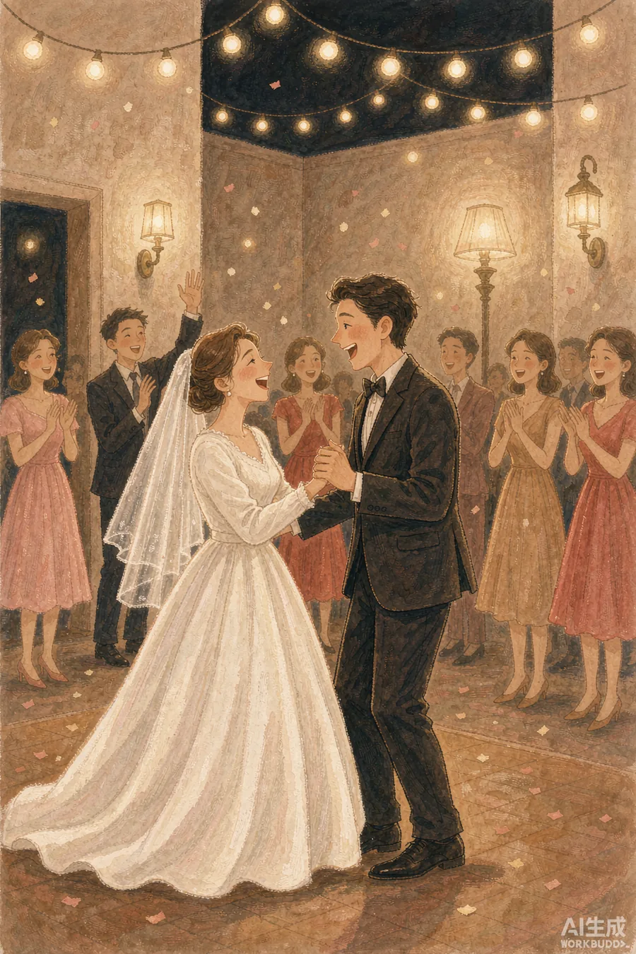 A couple laughing together during their first dance, warm gouache illustration