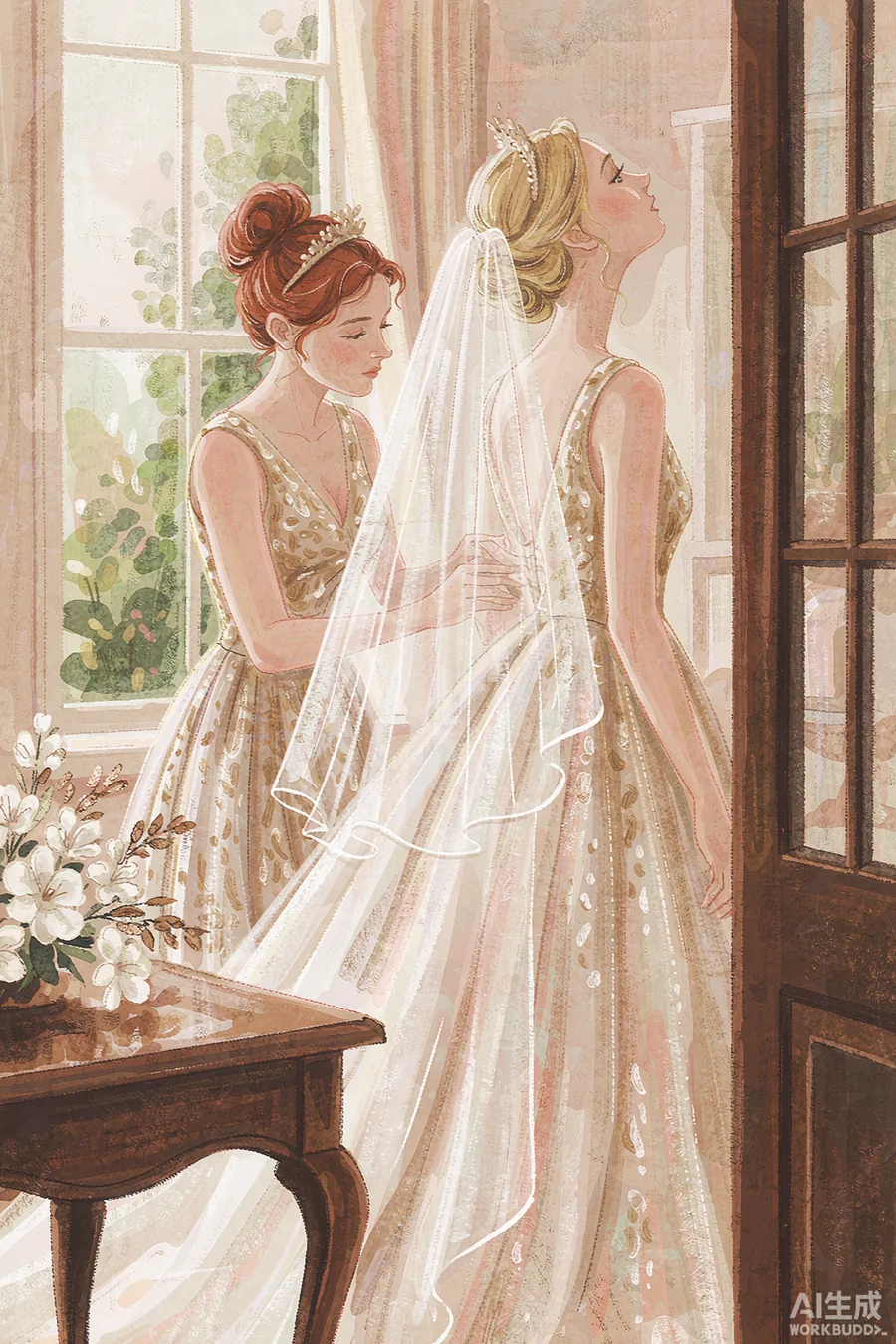 A bridesmaid fastening the bride's dress before the ceremony, warm gouache illustration
